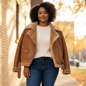 NEW Robert Phillipe Faux Leather Moto Jacket Plus Size XXL Tan Brown Faux Fur